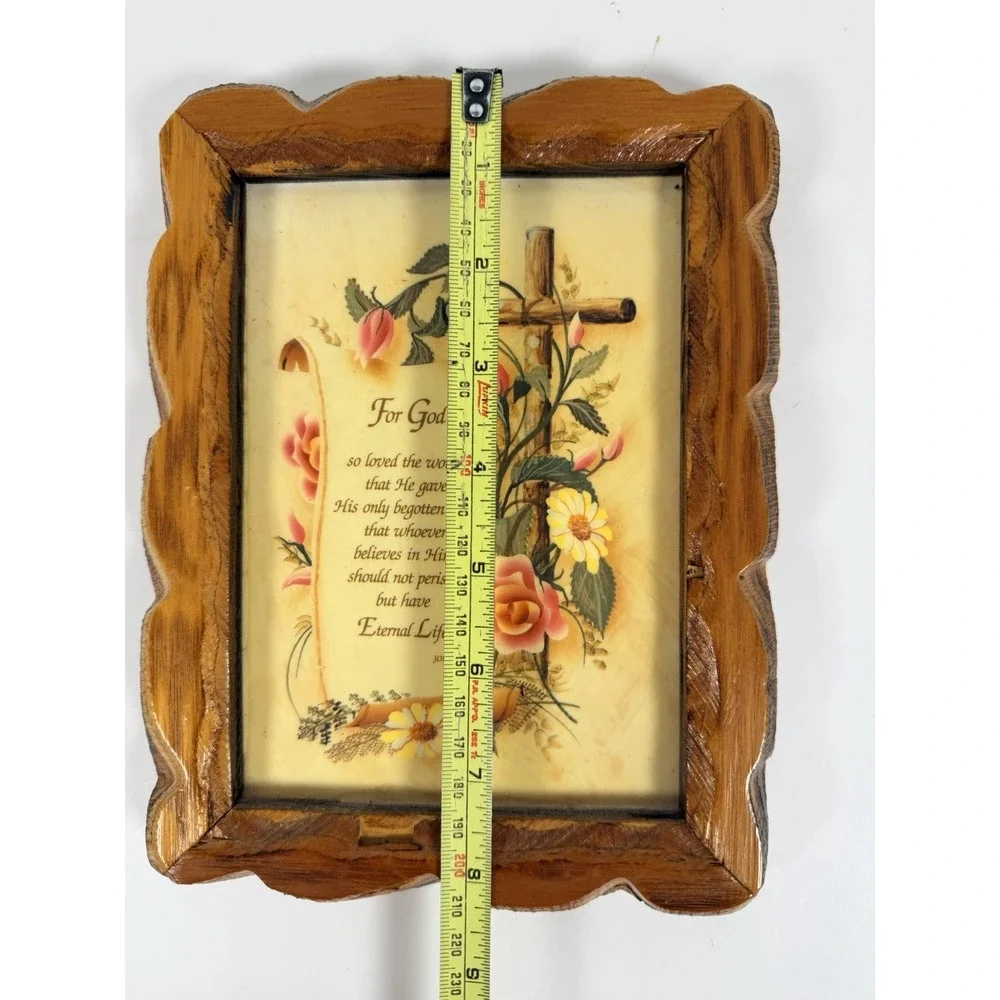 Vtg JOHN 3:16 Hanging Hand Carved Wooden Wall Plaque Frame 8.5